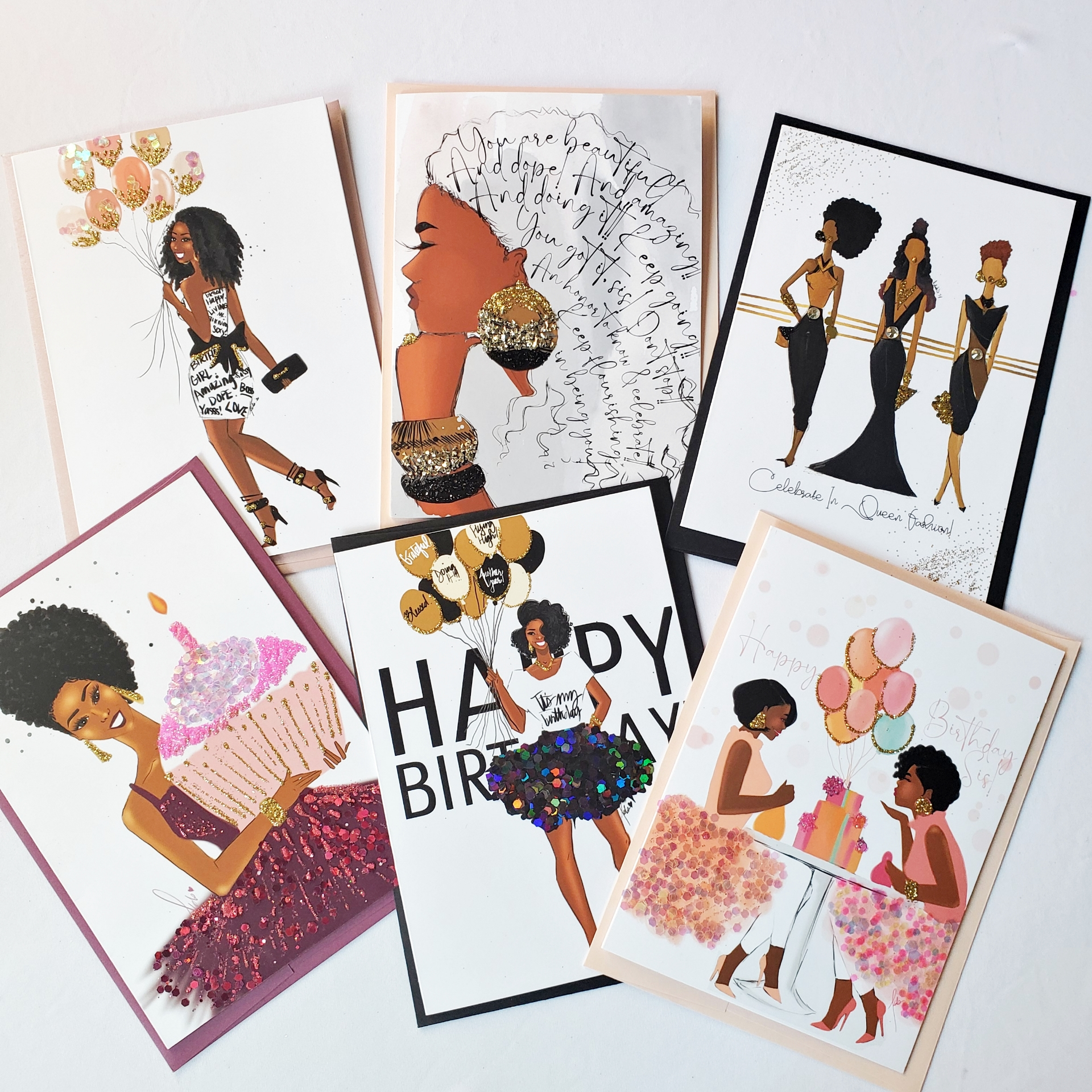 Happy Birthday Card - Girl in Black/Gold