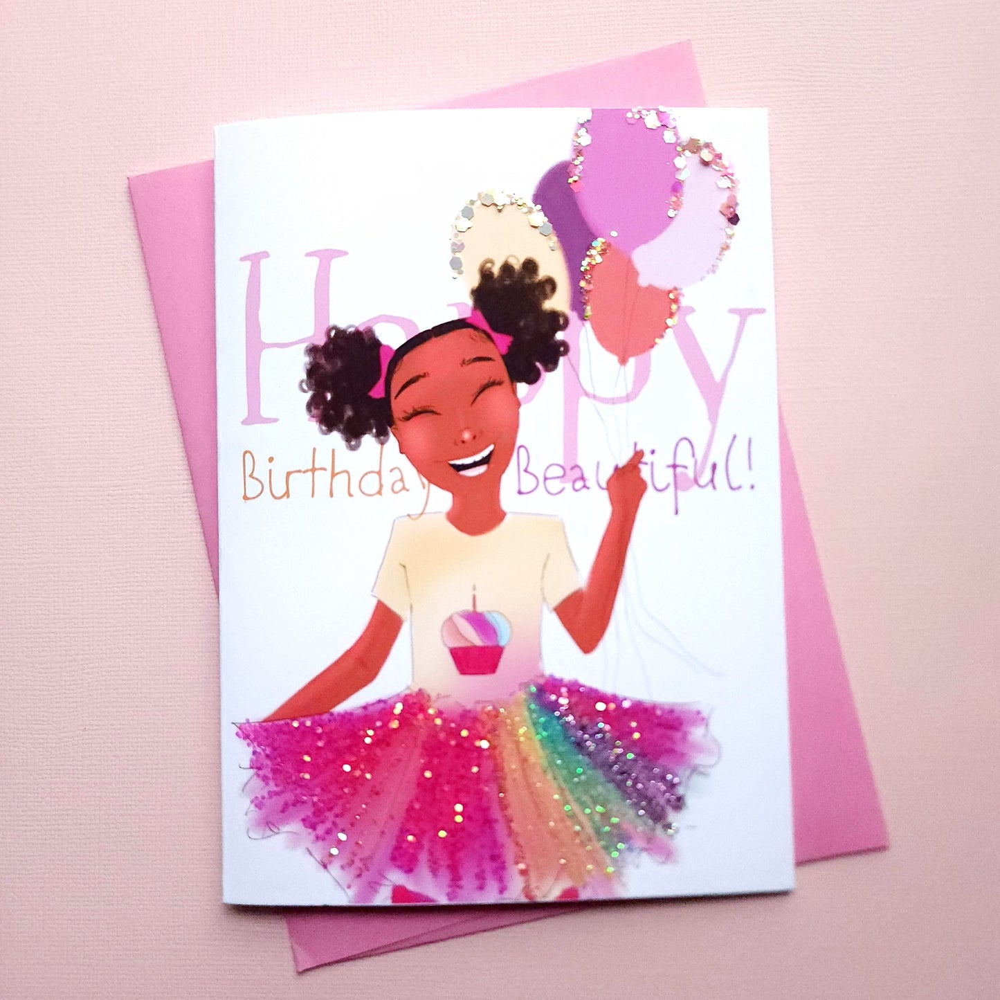 Happy Birthday Beautiful! - Girl w/Puff Balls Birthday Card