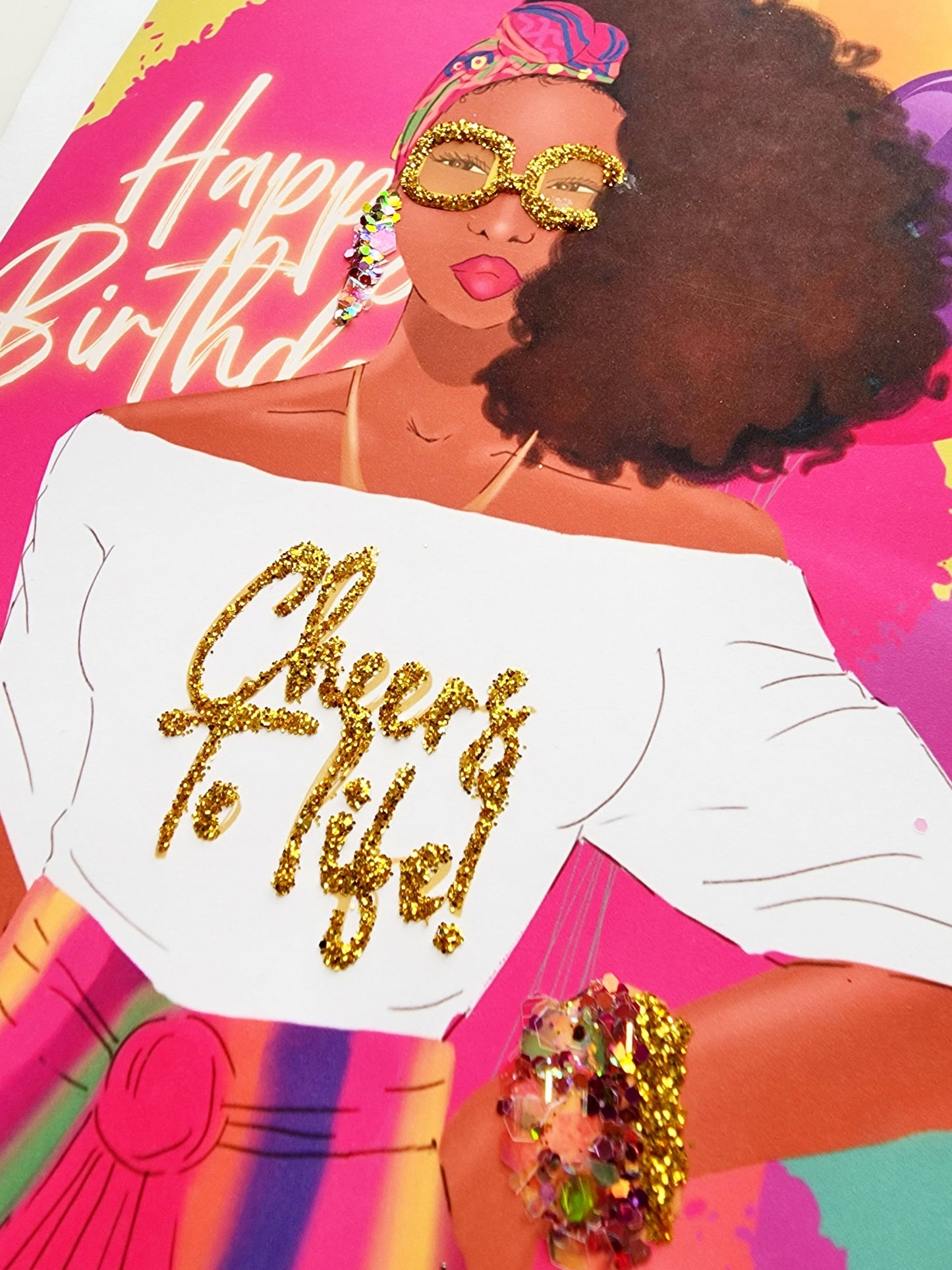 Cheers To Life! - Woman Happy Birthday Greeting Card | Black Woman | Black Girl Greetings | Melanin | Jewelry | Natural Hair | Art