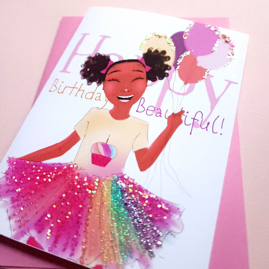 Happy Birthday Beautiful! - Girl w/Puff Balls Birthday Card