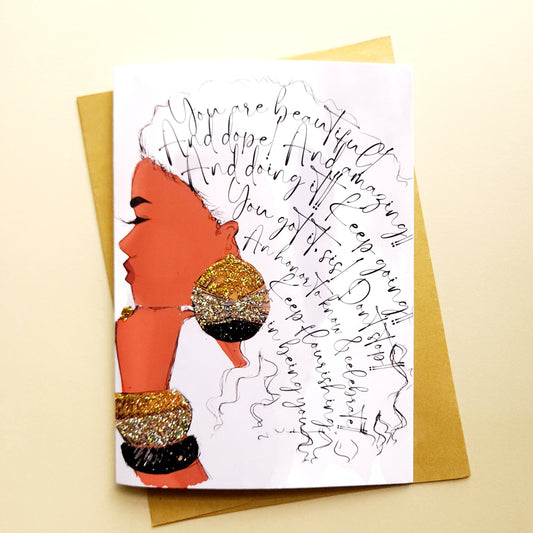 Happy Birthday Card - Girl in Black/Gold – CRWND Illustrations by KDS