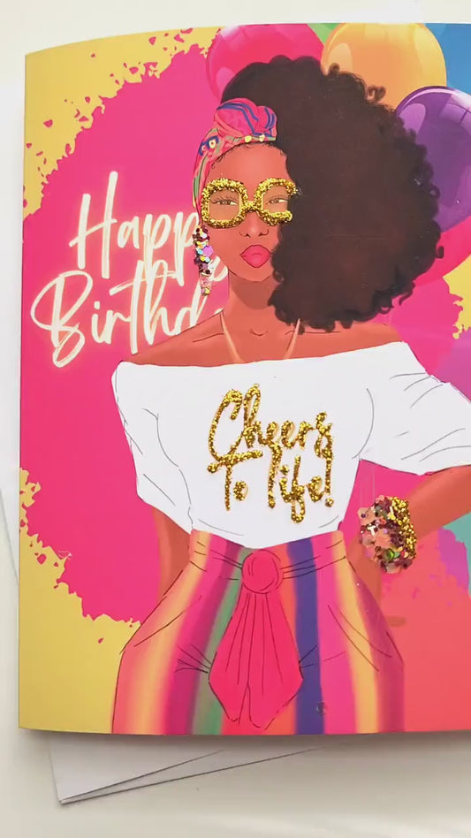 Cheers To Life!  - Woman Happy Birthday Greeting Card | Black Woman | Black Girl Greetings | Melanin | Jewelry | Natural Hair | Art
