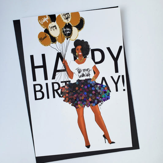 Happy Birthday Card - Girl in Black/Gold