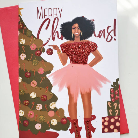 Merry Christmas Card - Black Girl | Black Christmas Cards | Black Holiday Cards | African American Greetings | Xmas | Melanin Cards