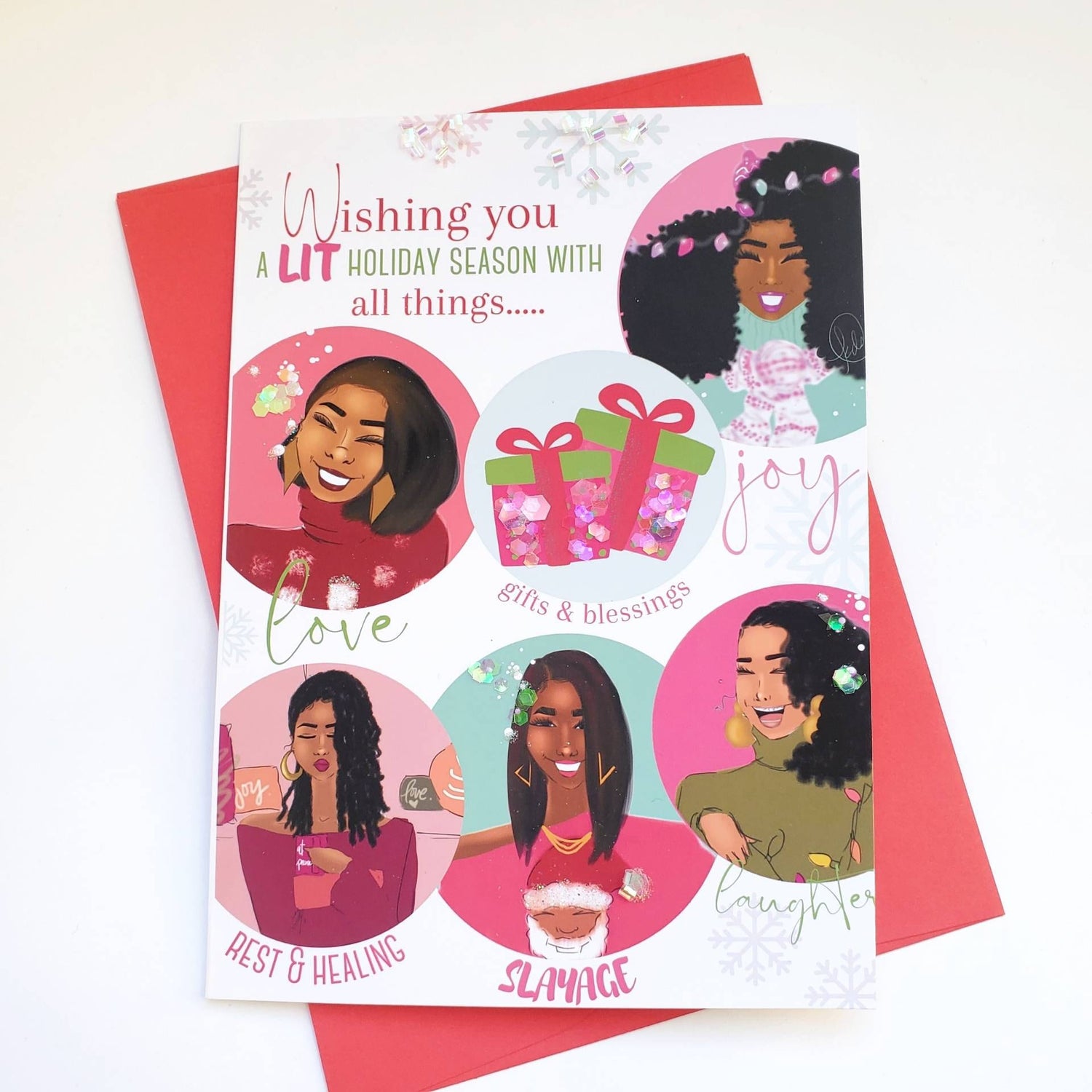 Wishing You A LIT Christmas - 5x7 Card | Black Girl Greetings | Black Girl Christmas | Christmas Card | Holiday | Natural Hair | Melanin