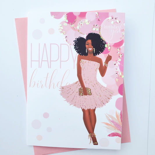 Pink Balloons - Black Woman Birthday Card | Black Greeting Cards | Black Woman Art | African American Cards | Embellished | Handmade Cards